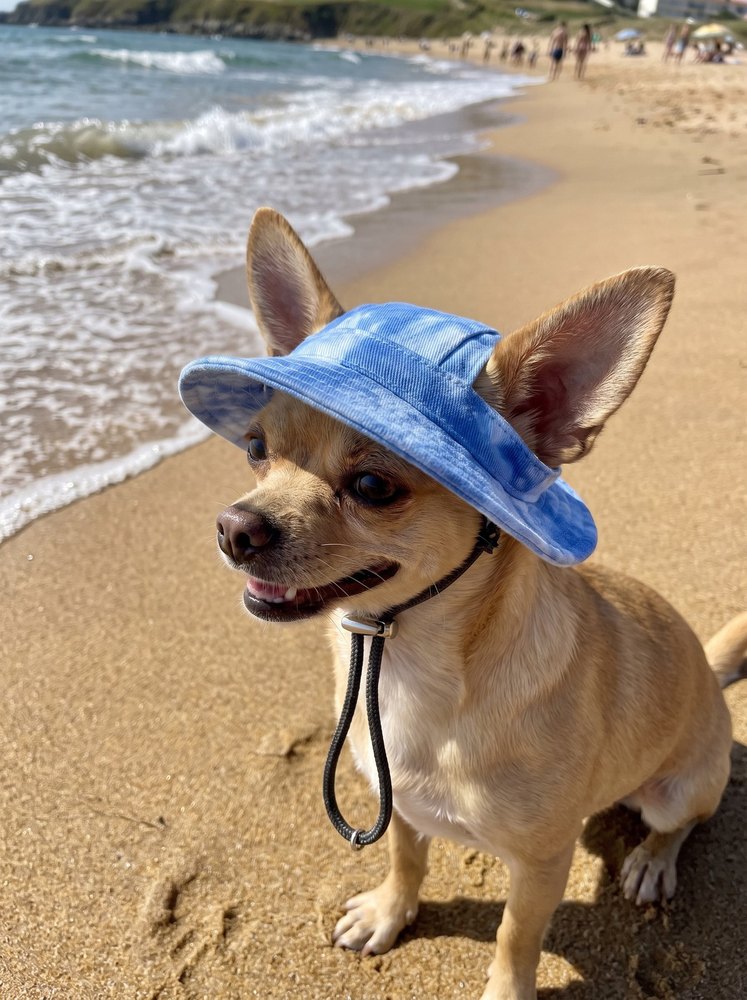 Chihuahua wearing the orange dino Floppy bucket hat on a walk