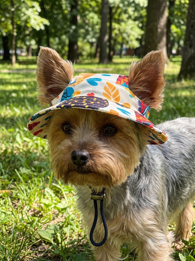 Yorkie in a blue tie-dye bucket hat at the beach