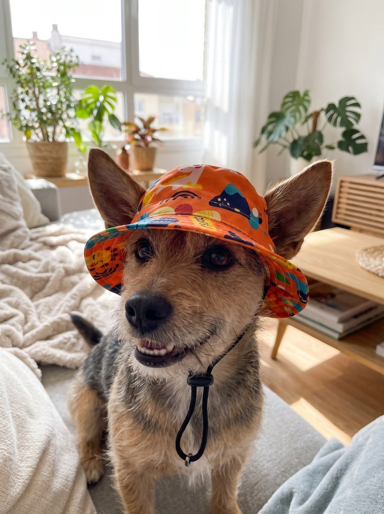 Puppy in an orange dino bucket hat at the beach