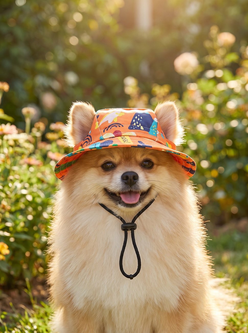 Small dog wearing the Floppy orange dino bucket hat on a summer walk