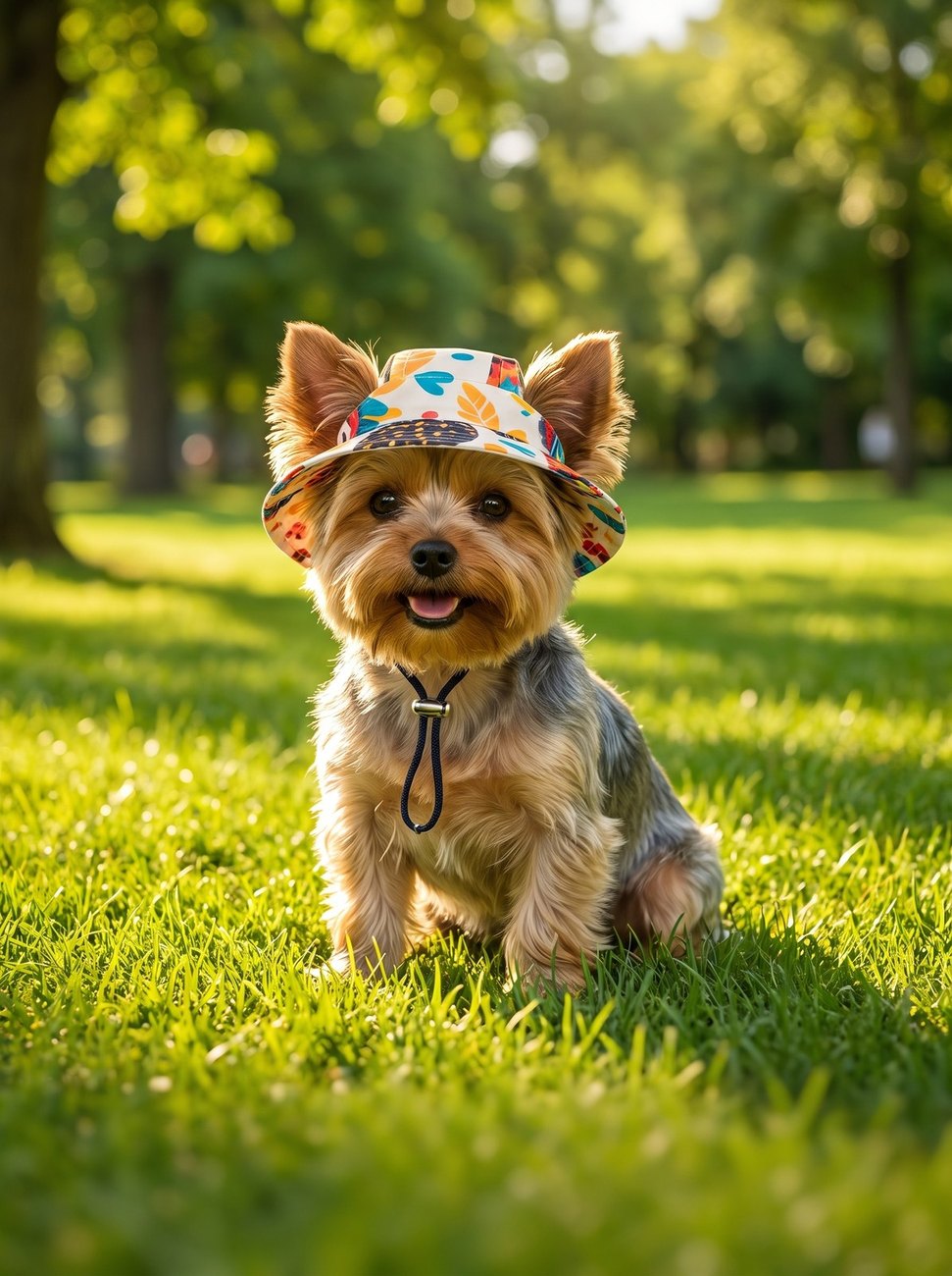Small dog in a tropical print bucket hat at the park