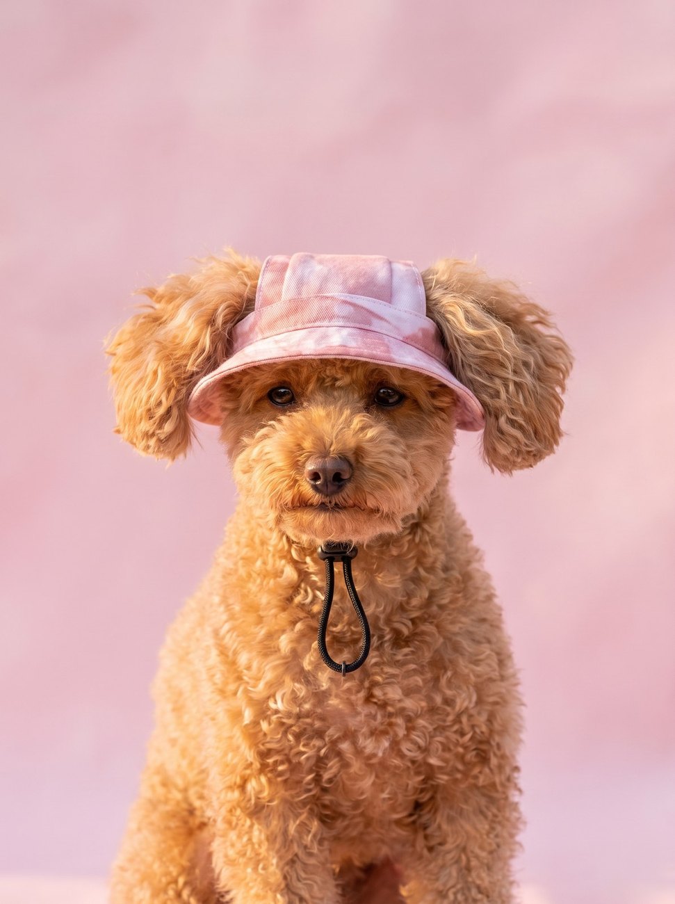 Small dog in a pink tie-dye bucket hat, cute overload