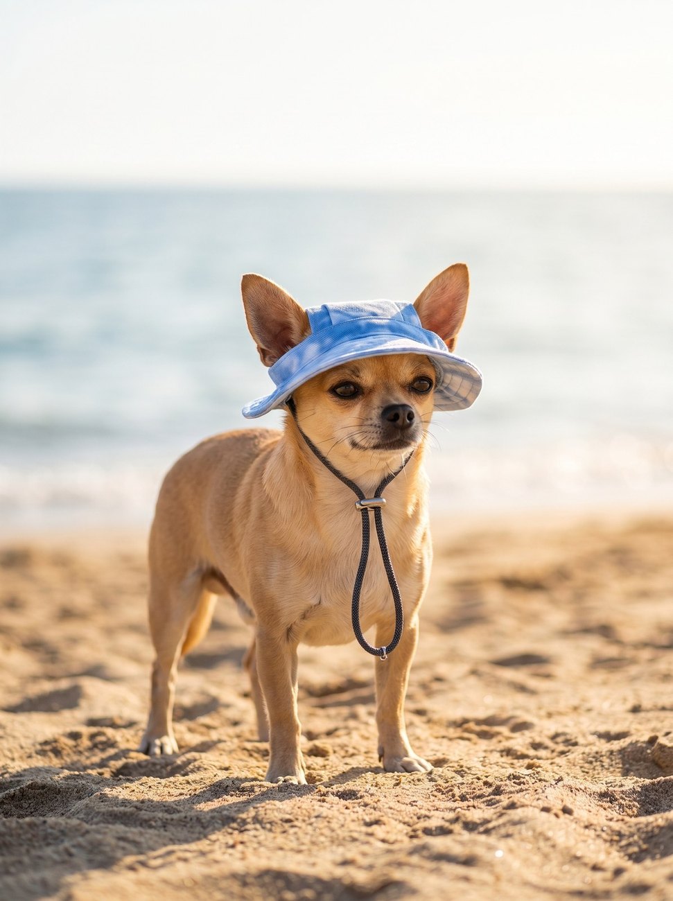 Small dog in a blue tie-dye bucket hat at the beach