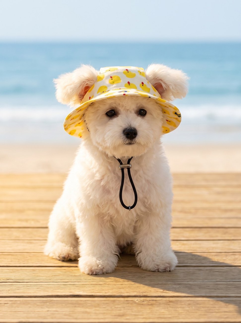 Small dog in a yellow duckling bucket hat by the water