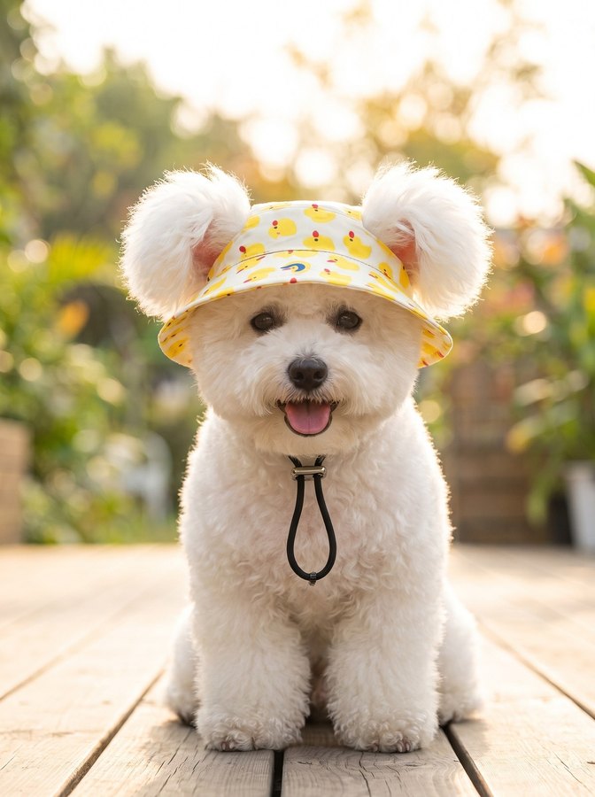 Dog bucket hat in the yellow duckling print