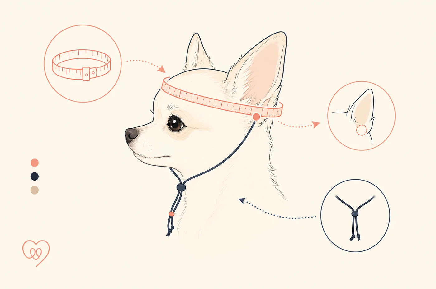 Diagram showing where to measure a small dog's head circumference, just above the ears